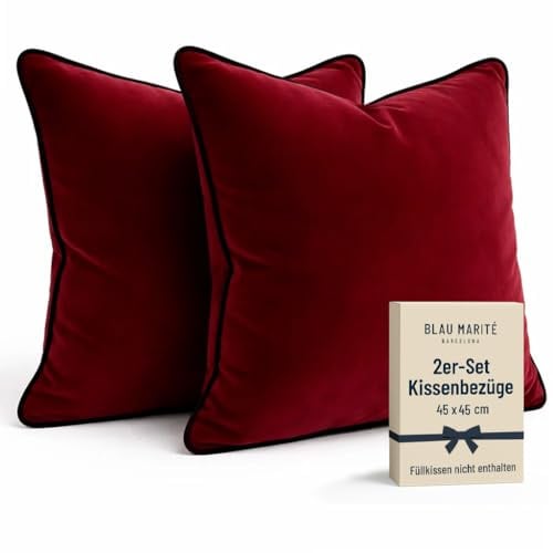 Blau Marité Kissenbezüge 45x45 cm – 2er Set aus weichem Samt – Dekokissen mit kontrastierendem Rand – Bordeaux – Ohne Füllung