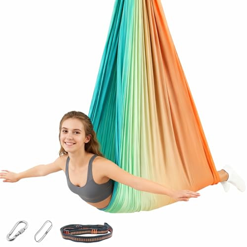 Aerial Yoga Hängematte Set, Aerial Yoga Swing, Yoga Schaukel 200 kg Max. Tragfähigkeit, Mit Montagematerial, Anti-Gravity-Übungen (Orange-Grün, 150x280 cm)