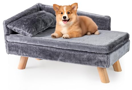 SOARS Hundesofa, Katzensofa mit Rückenlehne, Kissen & Holzbeinen, Hundecouch für kleine Hunde, Hundebett erhöht, Haustiersofa, 71 x 43 x 40 cm, Grau
