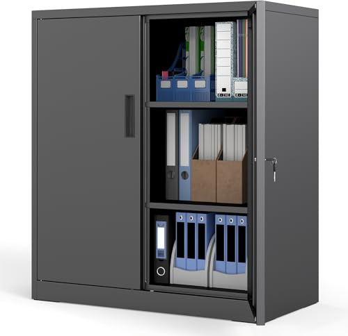 TANGZON Metal Storage Cabinet, Lockable Low Steel Cupboard with 2 Doors | 80 x 40 x 91 cm, 2 Adjustable Shelves, 3-Point Lock, Anti-Tip Kit for Office Garage Home File and Tool Storage
