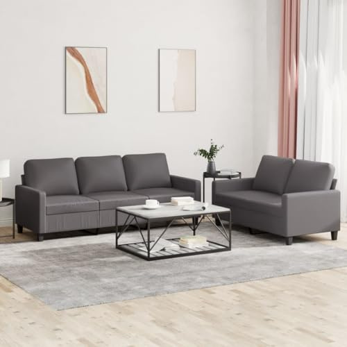 Keeushr 2-TLG. Sofagarnitur Ledercouch mit Kissen in Grau aus Kunstleder, Robuste und Stabile Sitzgarnitur für das Wohnzimmer