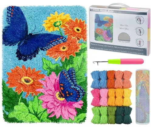 Latch Hook Rug Kits for Adults, Butterfly Floral DIY Rug Making Kit, 52x38cm Embroidery Set with Pre-Printed Canvas & Latch Hook Tool, Creative Yarn Craft Gift for Beginners, Seniors & Home Decor