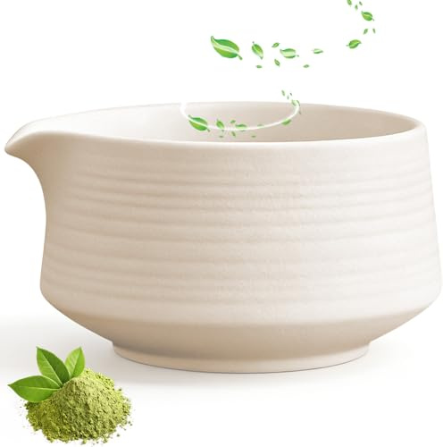 560ml Ceramic Matcha Bowl with Pouring Spout, Japanese Traditional Green Tea Cup, Handcrafted Porcelain Chawan, Handmade Matcha Mixing Container for Kitchen, Office, Tea Room, Cafe, Restaurant (White)