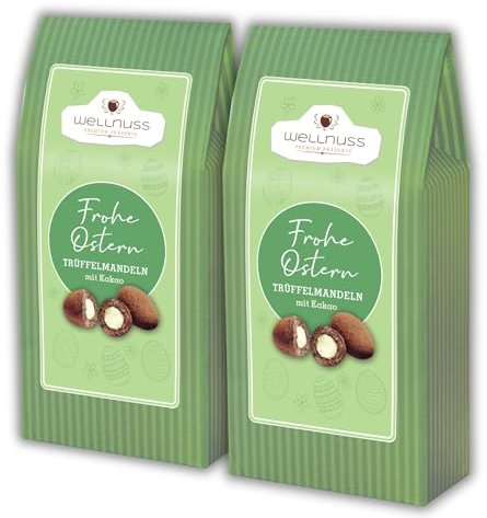 wellnuss - Ostergeschenk 2x175g Trüffelmandeln mit Kakao - Geschenk zu Ostern für Erwachsene - Leckere Osterschokolade - Süßigkeit für Mann & Frau - Mitbringsel