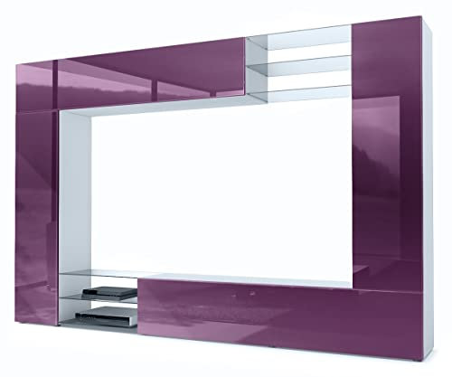Vladon Wohnwand Mirage, Made in Germany, Anbauwand mit Rückwand mit 2 Türen, 2 Klappen und 6 offenen Glasablagen, Weiß matt/Brombeer Hochglanz (262 x 183 x 39 cm)