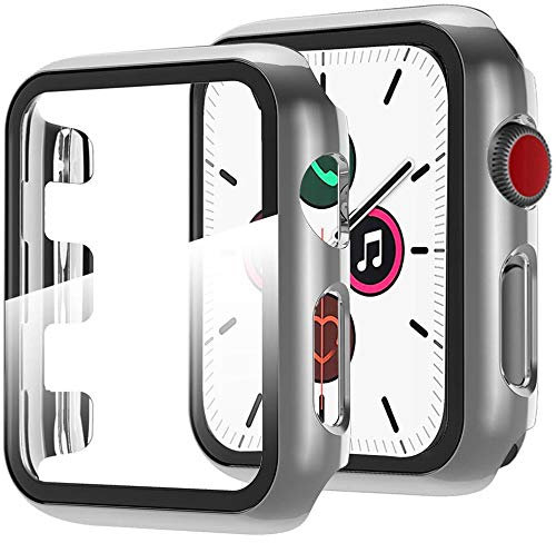 Miimall Funda Compatible con Apple Watch Series 6/5/4/SE 44mm Carcasa Protector Cristal, 2 en 1 PC Case + Vidrio Templado Anti-Choque Protector Pantalla para iWatch Series 6/5/4/SE 44mm - Plata