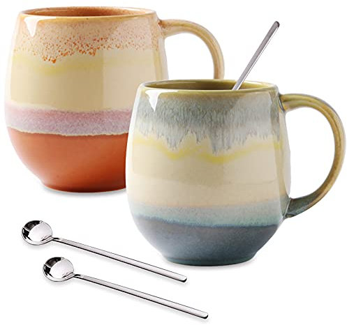 Large Coffee Mugs 18 oz for Men/Women, Vivimme Coffee Mug Set with Spoons, 2-Pack Ceramic Tea Mug for Soup, Hot Cocoa, Funny Tea Cups for Office and Home, Coffee Mugs for Couples, Engagement Gifts