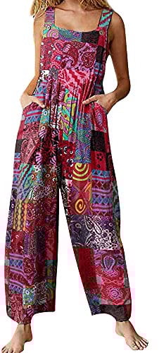 Springcmy Women's Loose Overall Dungarees Floral Jumpsuit Sleeveless Casual Baggy Playsuit Summer Wide Leg Long Pants Romper (A-Red, S)