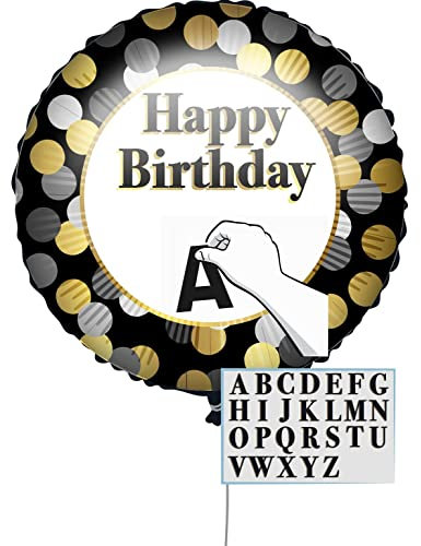 Procos 92441 - Folienballon Happy Birthday, personalisiert, 46 cm, mit Buchstabenaufklebern, Strohhalm, Gewicht, Ballonband, Geburtstag, Party, Dekoration