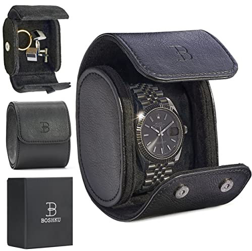 BOSHKU Leder Uhrenrolle Reiseetui - Uhr Reiseetui für Herren - Reiseuhren Fälle für Herren - Einzeluhr Gehäuse Reise - Schwarzes Uhrenetui - Leder Uhrenetui Reise - Uhr Leder Reiseetui
