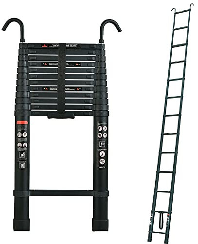 Anlegeleiter 3,8m, Alu Teleskopleiter Stehleiter mit 2 Haken, Tragbare Aluminiumleiter Ausziehbar Multifunktionsleiter Alu für Outdoor & Indoor, 150kg Tragkraft
