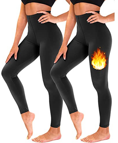 TNNZEET 2er Pack Thermo Leggings Damen Thermoleggins Thermohose Gefütterte Warme im Winter (Schwarz/Schwarz,S-M)