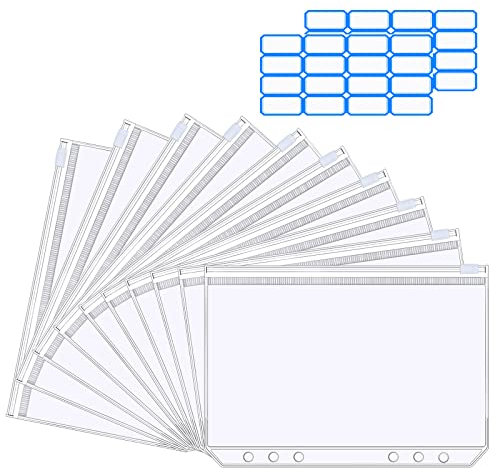 Vicloon A6 Binder Taschen, 10 Stück Ordnertaschen 6Loch, Durchsichtige PVC Bindertaschen Reißverschluss Mappe, mit 2 Aufkleber Beschriften, Loseblatt Taschen für A6 Notebook Binder Planer