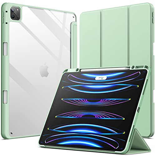 JETech Coque pour iPad Pro 12.9 Pouces (2022/2021/2020/2018) avec Porte-Pencil, Étui Housse Arrière Transparent Fin Support Antichoc Tablette (Vert Matcha)