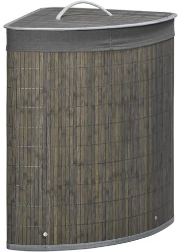 HOMCOM Bamboo Laundry Basket with Lid, 55 Litres Laundry Hamper with Removable Washable Lining, Corner Washing Baskets, 38 x 38 x 57cm, Grey