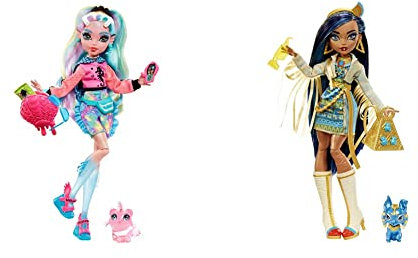 Monster High Doll, Lagoona Blue with Accessories and Pet Piranha, Posable Fashion Doll, HHK55 & Doll, Cleo De Nile with Accessories and Pet Dog, Posable Fashion Doll, HHK54