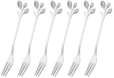 QUARKZMAN 6pcs Inox Acier Feuille Apéritif Fourchette 4.8 pouce Vaisselle Dessert Fourchette Cocktail Choix Mini Gâteau Fruit Fourchette pour Maison Fête, Argent