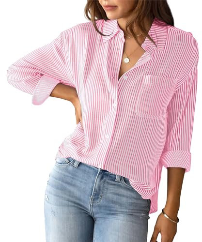 SEAUR Camicie da donna con bottoni, a righe, classico, per ufficio, casual, rosa, M