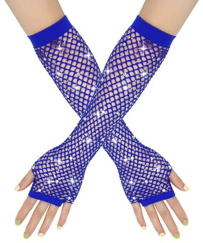 Damen Netzhandschuhe Glänzende Fingerlose Handschuhe Lange Fischnetz Armstulpen Mesh Handschuhe Karneval Party Kostümzubehör Opernhandschuhe Abendhandschuhe Glitzer Handschuhe Cosplay (Blue, One Size)