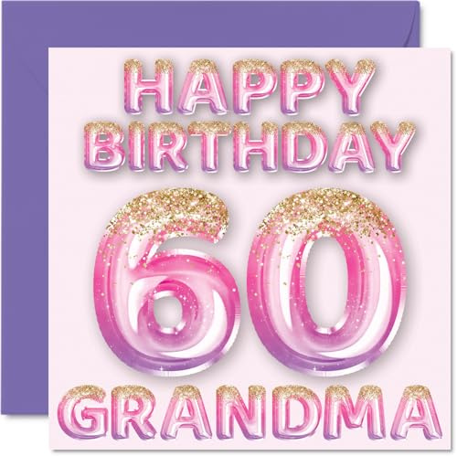60th Birthday Card for Grandma, Pink & Purple Glitter Balloons | Happy Birthday Cards for 60 Year Old Grandma from Grandson Granddaughter, 145mm Bday Greeting Cards Gift