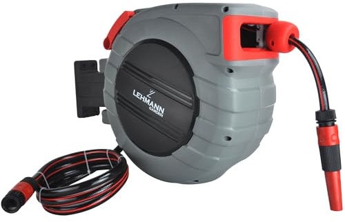 LEHMANN Wand-Schlauchbox 15 m + 1,5 m, Schlauchtrommel für Gartenbewässerung, Automatischer Schlauchaufroller, Wandmontage, inkl. 15 m Gartenschlauch, 1/2 PVC-Geflecht und und Anschlussschlauch