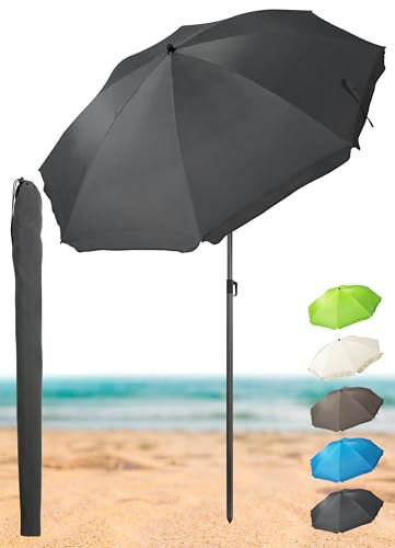 Menz Sonnenschirm Strand - UPF 50+ Sonnenschutz Strand, Strandschirm Ø 180 cm, Sonnenschirm mit Schutzhülle, Strandschirm windfest stabil, Fb. Anthrazit