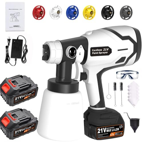 Akku Farbsprühsystem für Makita Akku (Farbsprühsystem mit 21 V 4,0 Ah Akku), 600W Akku Lackierpistole mit 1000ml Behälter, 6 Düsen, Airless Farbsprühgerät für Zaun, Möbel, Wände Decken