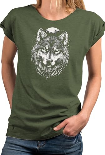 MAKAYA Damen Shirt mit Wolf Motiv Kurzarm Top Hundemotiv Wolfskopf Mond