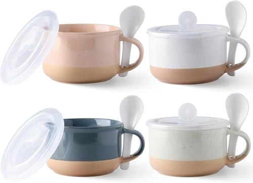 GBHOME Ceramic Soup Mugs with Handles and Lids,24 OZ Soup Cups Set of 4 with Terracotta Underside,Mug Bowls with Spoon for Soup/Cereal/Salad/Noodles/Ramen/Microware &Dishwasher Safe-Colorful