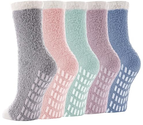 kepiibi 5 Pairs Fuzzy Socks with Grips for Women, Non Slip Cozy Fluffy Soft Socks, Winter Plush Warm Sleep Slipper Hospital Sock