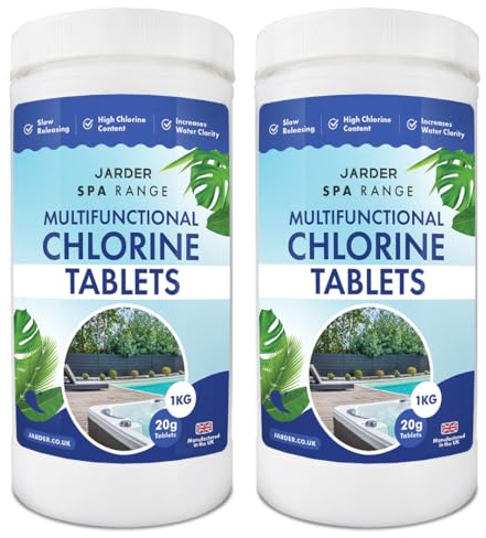 Jarder Chlorine Tablets for Hot Tubs and Pools - 4 in 1 Formula - Disinfects, Cleans, Sanitises and Clarifies - High Chlorine Content - 2 x 1KG
