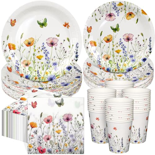 250 Pieces Floral Tableware Set Afternoon Tea Party Tableware Paper Plates Cups Napkins Vintage Party Decorations for Birthday Baby Shower Weddings, Serve 50 Guests, Colored