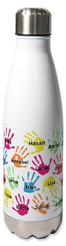 Personalisierte Thermosflasche mit Namen und bunten Handabdrücken - Geschenk zum Schuljahresende - Edelstahl Trinkflasche 500 ml doppelwandig isothermisch - Abschiedsgeschenk Klasse