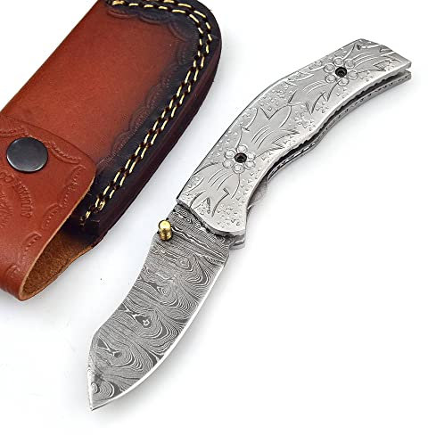 Couteau de poche en acier damassé fait main personnalisé, lame pliante, chasse, camping