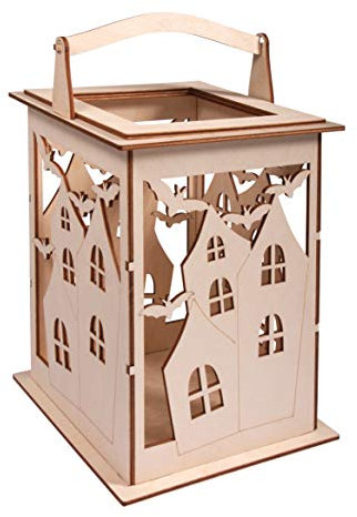 Rayher Holz Laterne Fledermaus, mit Griff, 15,3 x 15,3 x 26,5 cm, Holzbausatz, 15-tlg,Windlicht, für LED-Kerze, Lichterkette, Laterne Helloween, FSC Mix Credit, 62895505, Natur
