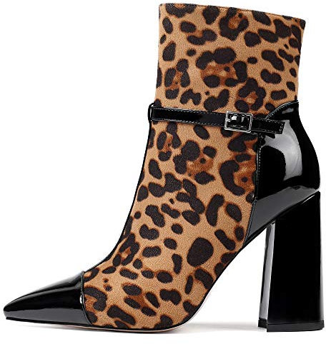 Stivaletti da Donna con Punta a Punta, Stivaletti con Tacco Largo, Stivali con Cinturino a T con Stampa Animalier, Stivali Invernali Corti con Cerniera Laterale Leopardo EU43