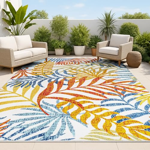 JONATHAN Y Tropics Palm Leaves Indoor Outdoor Area Rug 8X10 Cream/Orange, Boho for Backyard, Patio, Porch, Easy-Cleaning, High Traffic, Pet-Friendly, Non-Shedding (AMC100B-8)