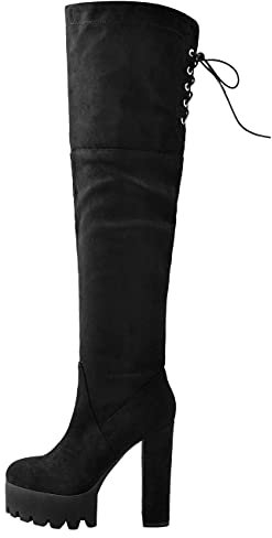 Only maker Damen Plateau Stiefel Overknee Blockabsatz High Heels mit Verstellbaren Schnüren Schwarz 45 EU