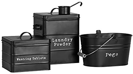 Harbour Housewares Vintage Metal Utility Room Storage Canisters – Set of 3 – Laundry Powder, Washing Tablets & Pegs – Black Powder-Coated Steel with Airtight Lids & Wooden Grip Handle
