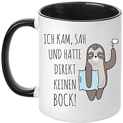 TassenTicker - Ich kam, SAH und Hatte direkt keinen Bock - lustig - beidseitig Bedruckt - Faultier - Geschenk - Geschenkidee - Kaffeetasse (Schwarz)