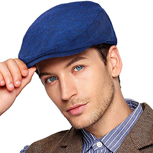Herringbone Flat Ivy Newsboy Cap für Herren Klassische Wollmischung Tweed Cabbie Hut, 005 Blau, L/XL