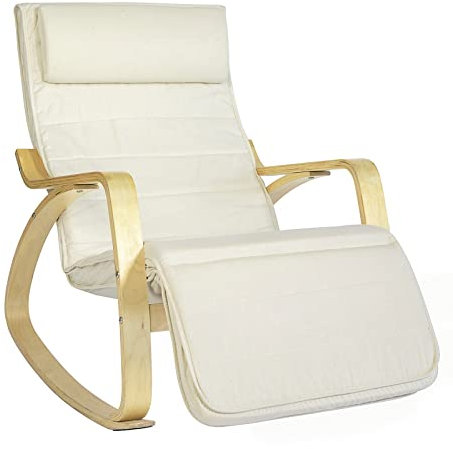 SoBuy Mecedora con Cojín, Silla Mecedora con Reposapiés Ajustable y Reposacabezas - Relajante Sillon, Beige FST16-W