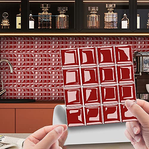 30 Pezzi Adesivi per Piastrelle per Mobili e Pareti, Hiser 3D Mosaico Stile Impermeabile Adesivo da Parete Autoadesive Rotoli Carta per Cucina Bagno Casa Decorativo (Rosso,10x10cm)
