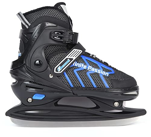 XIUWOUG Patins À Glace Réglables Adultes Femmes Hommes, Patins À Glace en Acier Inoxydable, Patins À Glace avec Système De Laçage Rapide Et Boucle À Poussoir pour Un Maintien Sûr,Schwarz Blau,XL42_45