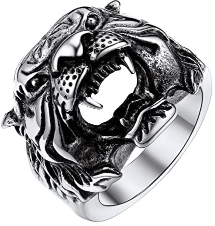 U7 Awesome Cool Tiger/Dragon Stainless Steel Rings for Men Boys, Punk Gothic Ring Jewellery, Silver/Black/Gold Plated Color, Name Customizable, Size #7-14, Send Gift Box