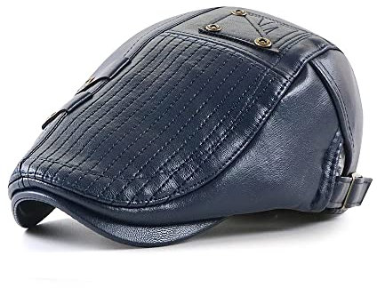 Ueither Herren Verstellbare Schiebermütze PU Leder Flatcap Newsboy Cap Schirmmütze (Dunkelblau)
