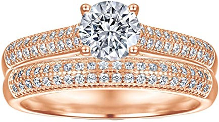 Daesar 925 Silber Ring Damen Personalisiert, 2 Ringe Set Stapelringe 4-Steg-Krappenfassung mit 6MM Zirkonia Trauring Verlobungsring Nickelfrei Rosegold für Frauen Gr.57 (18.1)