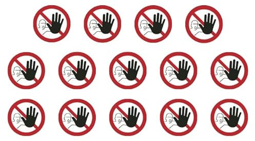 14 pegatinas de prohibición de acceso para personas no autorizadas, diámetro de 9,5 cm, resistente a los rayos UV y a la intemperie, ISO 7010, sostenible, señal de prohibición (9,5 cm, prohibido el
