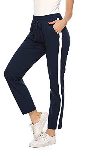 Irdcomps Jogginghose Damen Lang Sporthose Trainingshose Baumwolle High Waist Sweatpants Freizeithose mit Streifen Weite Damenhose Blau M