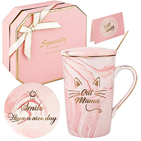 DONGSHANGIFT Taza Mamá Gato Novedad Taza Gato Regalos de gato para los amantes del gato Regalos de Cumpleaños para Mama Gato de Hija Hijo 420ML con Caja de Regalo(rosa-mamá gata)